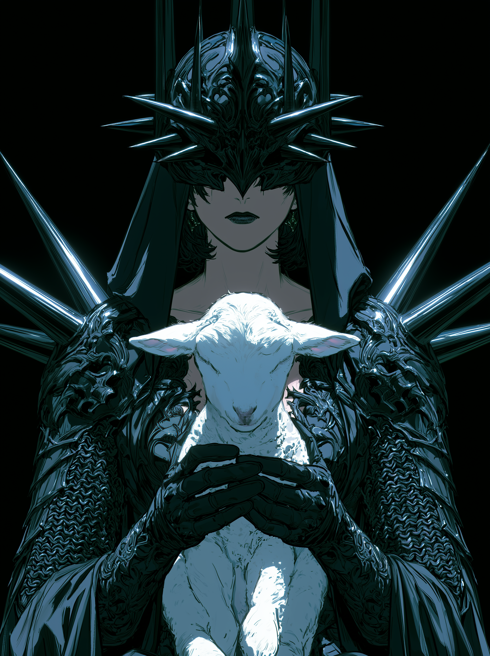 Dark armored queen holding a white lamb