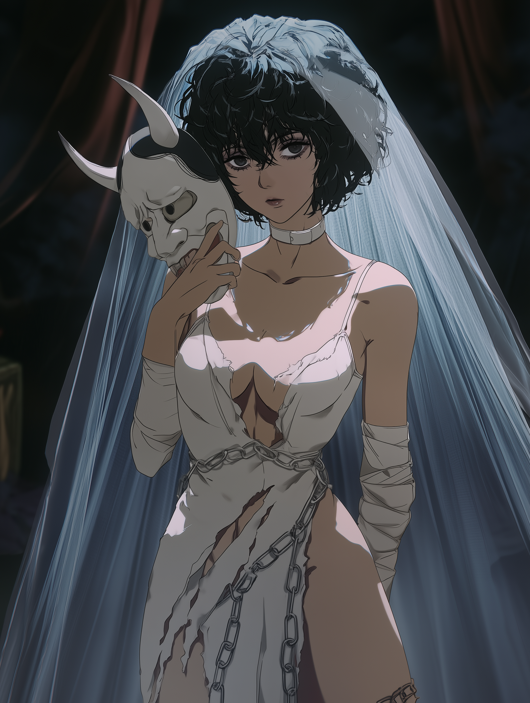 Bride in a torn dress holding an oni mask with chains