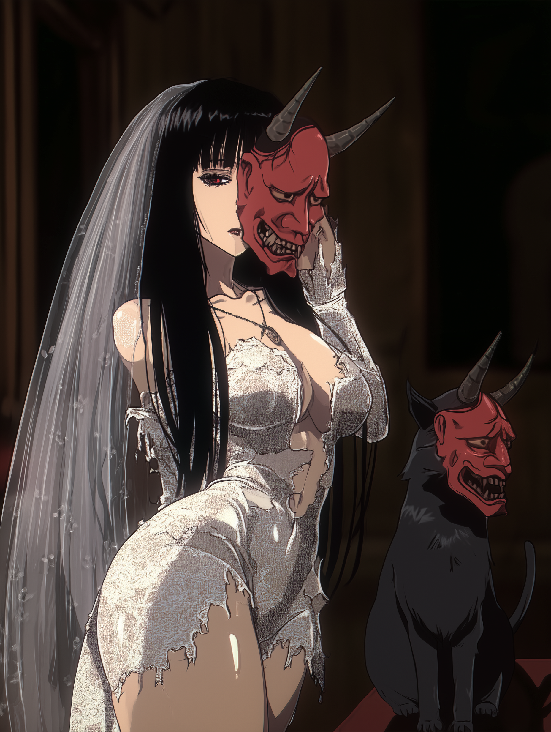 Dark demon bride with red oni spirits