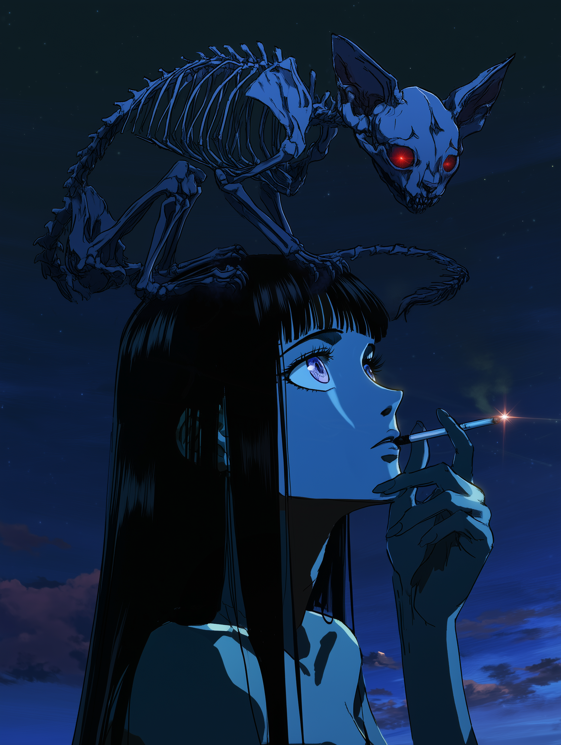 Dark-haired girl smoking under the night sky with a skeleton cat on her head
