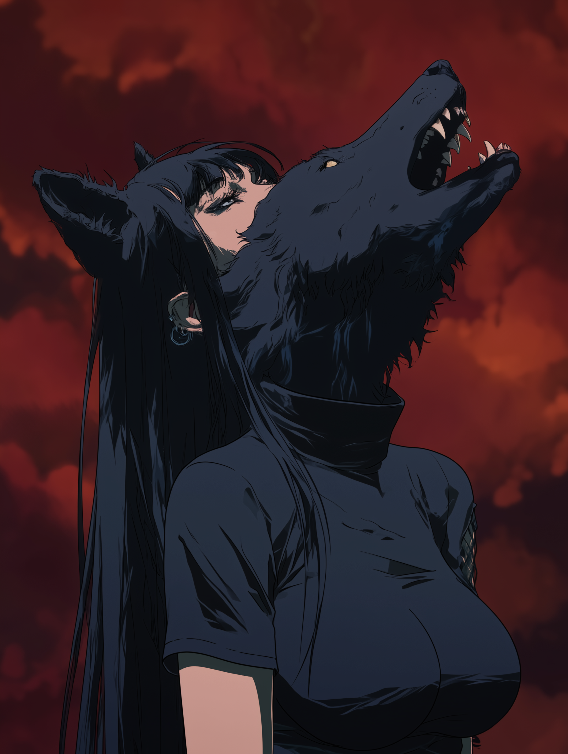 Black wolf howling against a dark red sky beside a woman