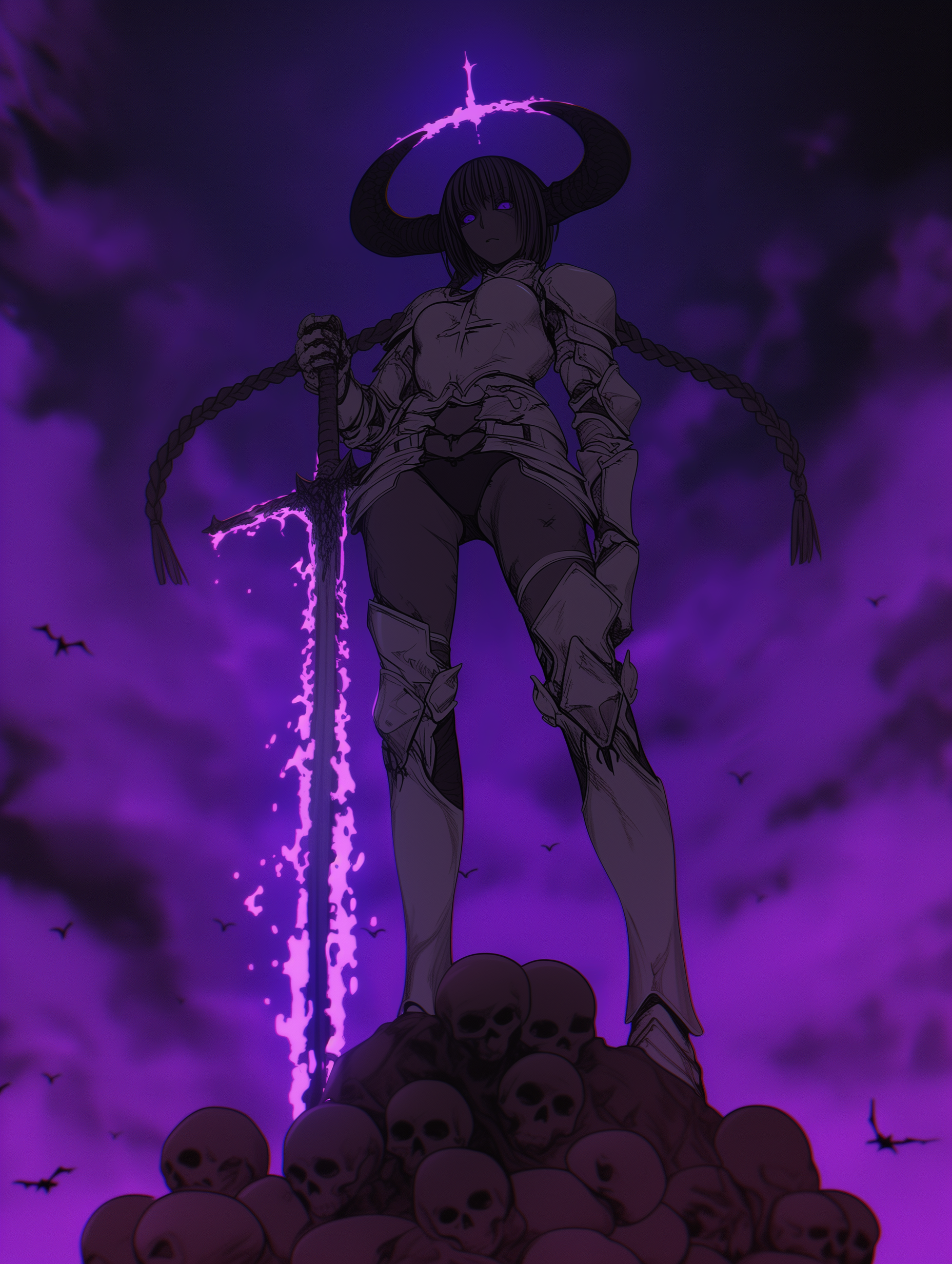 Horned warrior standing on a pile of skulls with a lightning sword