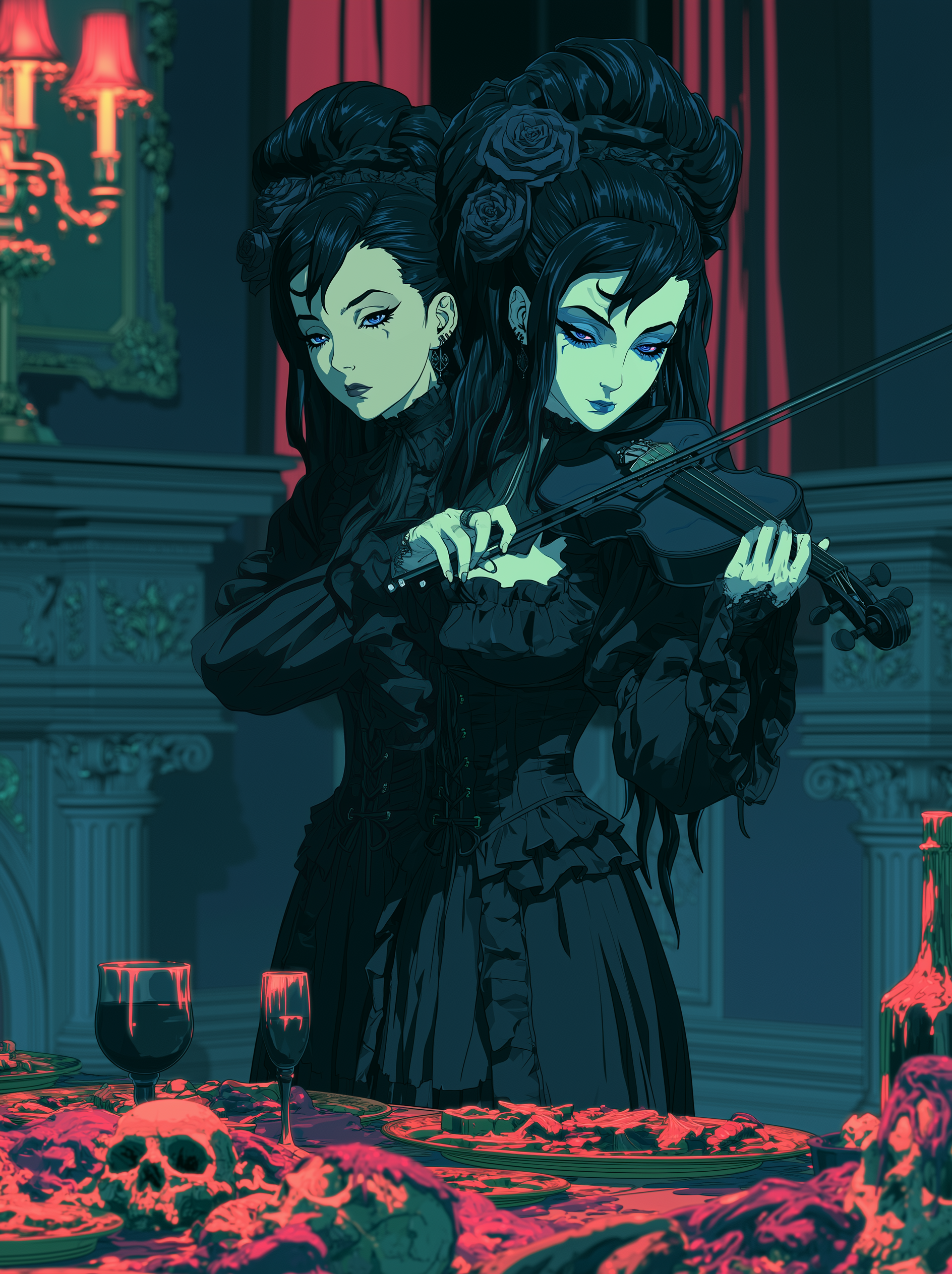 Two gothic women in black playing violin at a skull-laden banquet