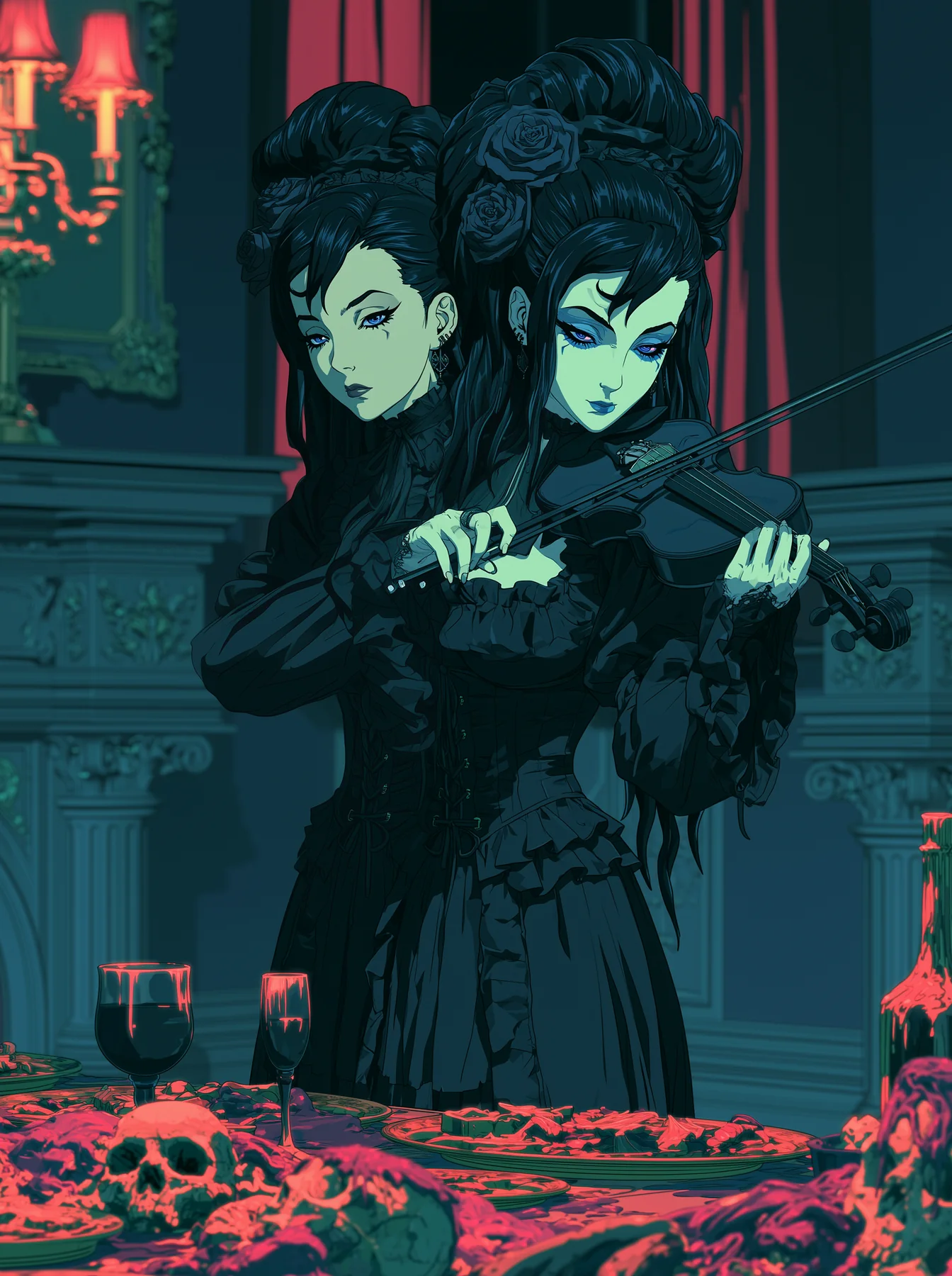 Two gothic women in black playing violin at a skull-laden banquet
