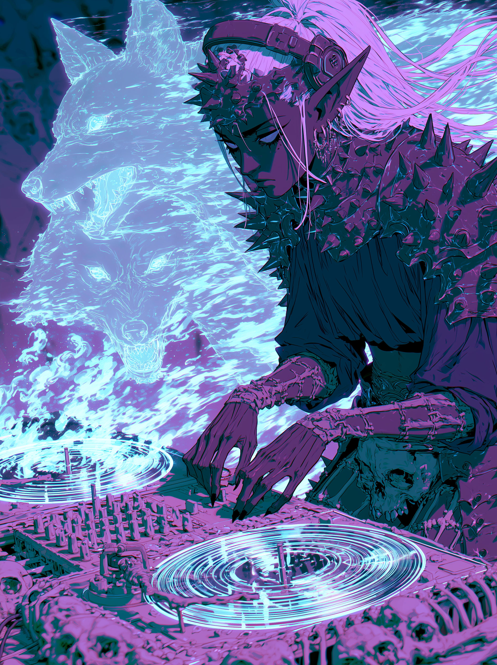 Fantasy DJ elf spinning glowing records with a wolf spirit