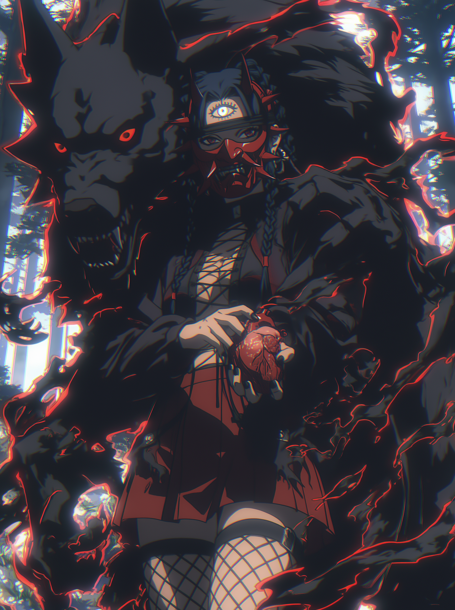 Dark cursed figure clutching a heart surrounded by black wolves