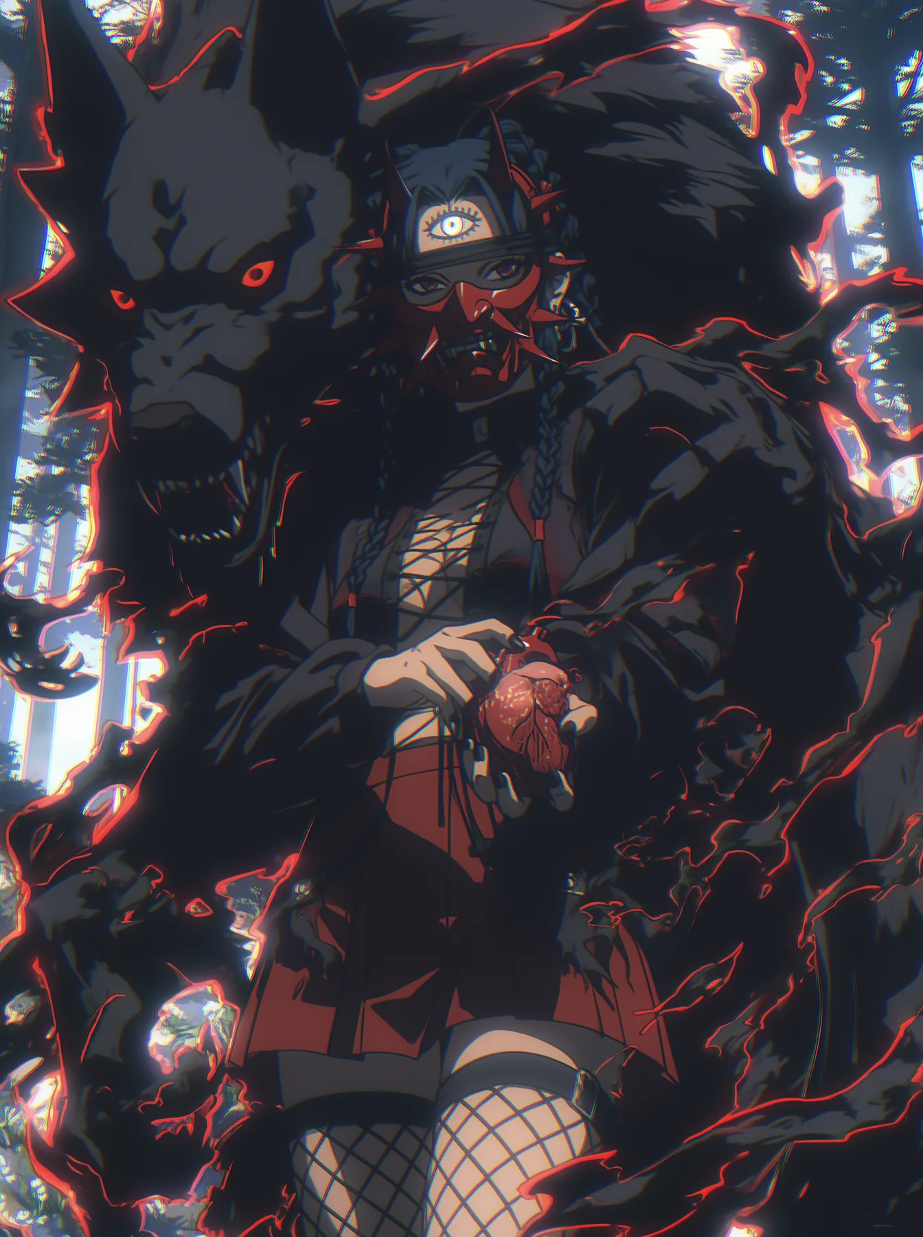 Dark cursed figure clutching a heart surrounded by black wolves