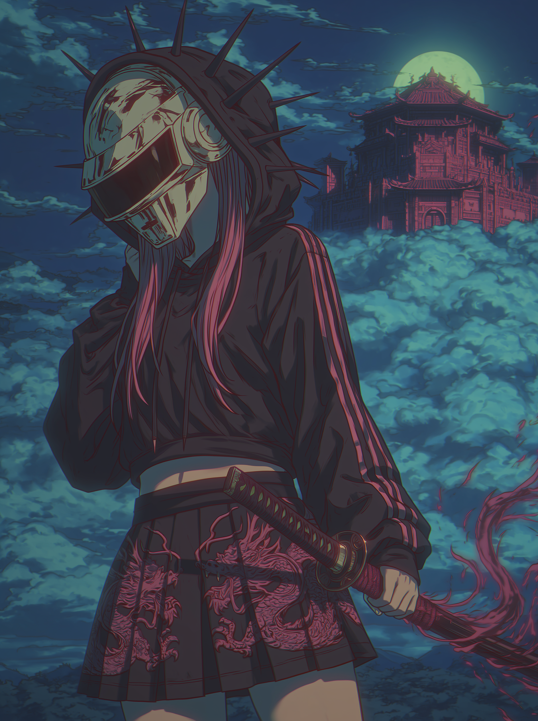 Pink-haired girl with a spiked mask and katana under a moonlit pagoda