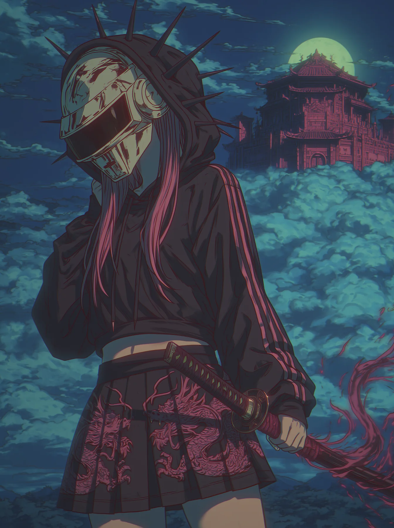 Pink-haired girl with a spiked mask and katana under a moonlit pagoda
